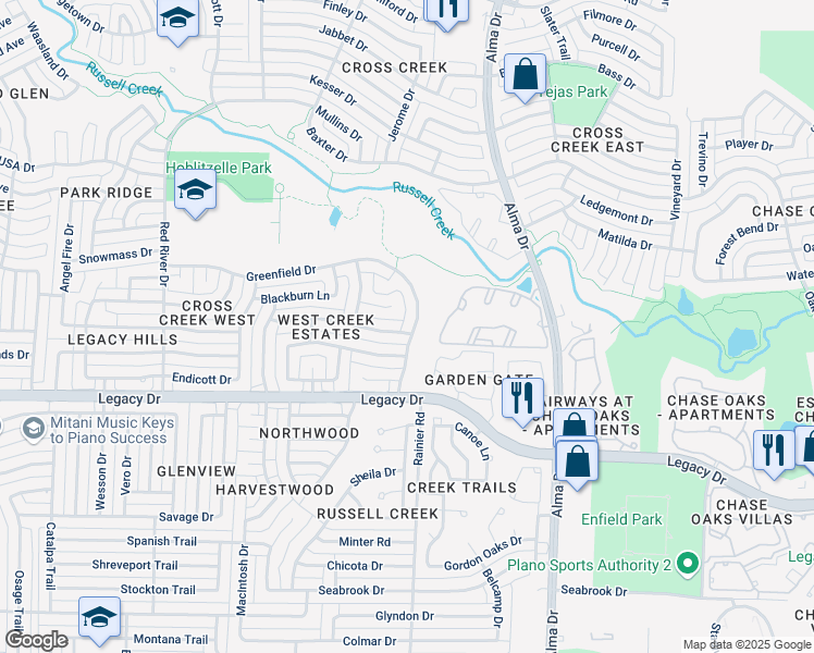 map of restaurants, bars, coffee shops, grocery stores, and more near 1300 Burlington Drive in Plano