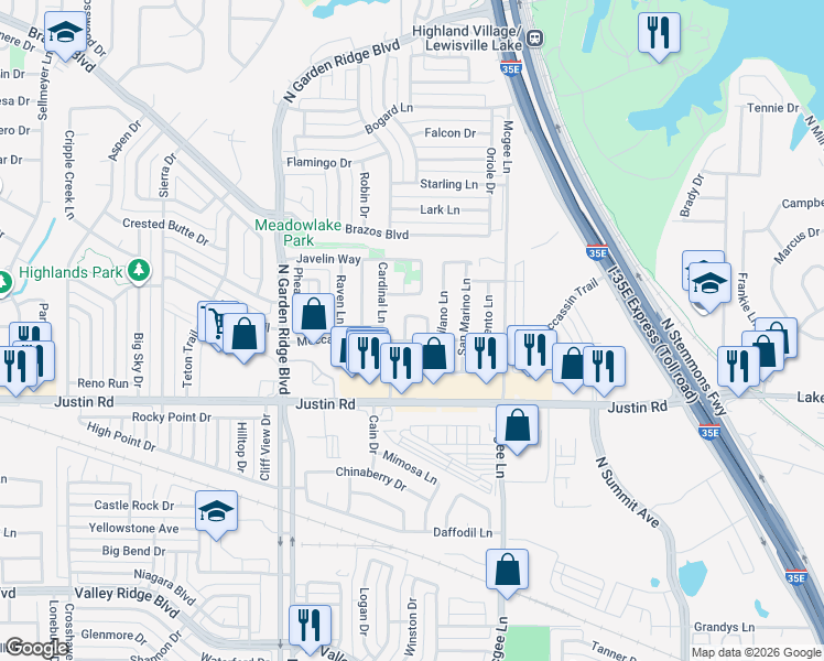 map of restaurants, bars, coffee shops, grocery stores, and more near 2001 Hope Tinley Court in Lewisville