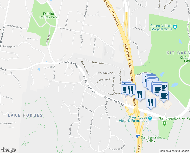 map of restaurants, bars, coffee shops, grocery stores, and more near 359 Camino Del Postigo in Escondido