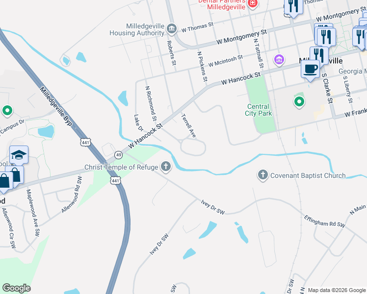 map of restaurants, bars, coffee shops, grocery stores, and more near 365 Glenhaven Drive in Milledgeville