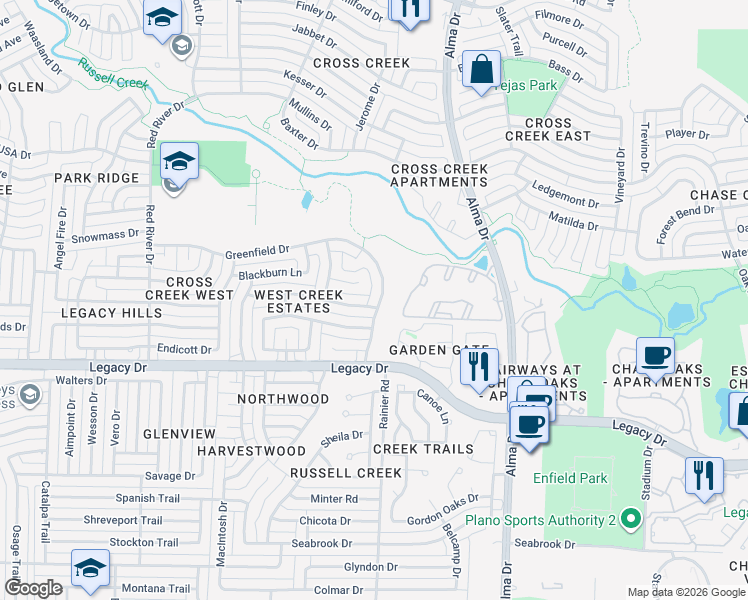 map of restaurants, bars, coffee shops, grocery stores, and more near 1300 Burlington Drive in Plano