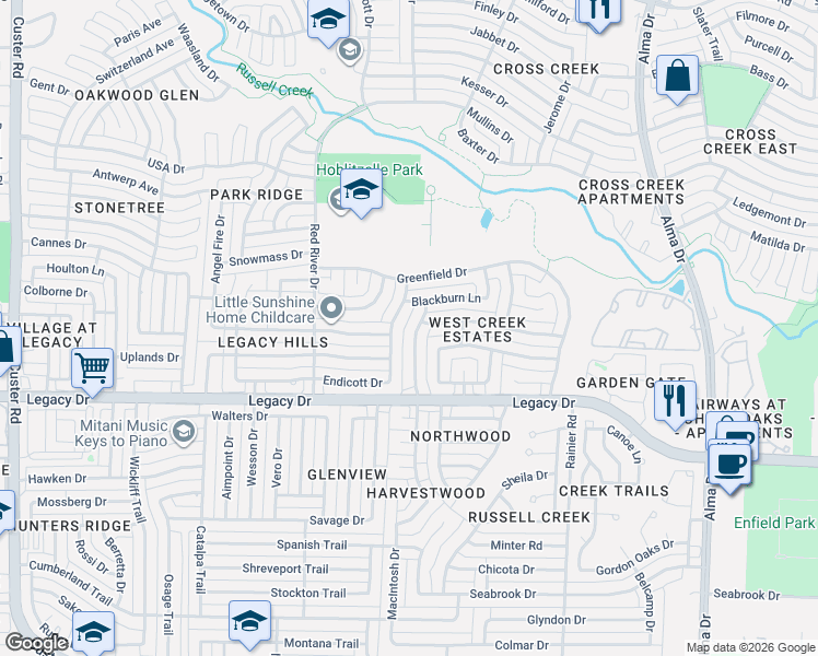 map of restaurants, bars, coffee shops, grocery stores, and more near 7105 Amethyst Lane in Plano
