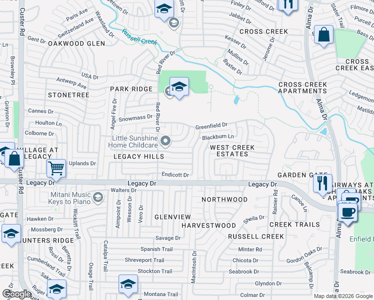 map of restaurants, bars, coffee shops, grocery stores, and more near 1516 Simsbury Drive in Plano