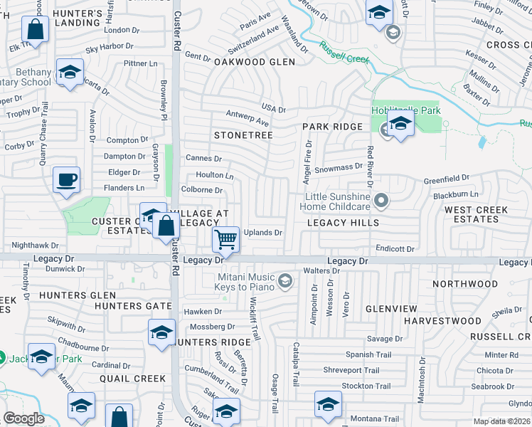 map of restaurants, bars, coffee shops, grocery stores, and more near 1928 Moortown Drive in Plano