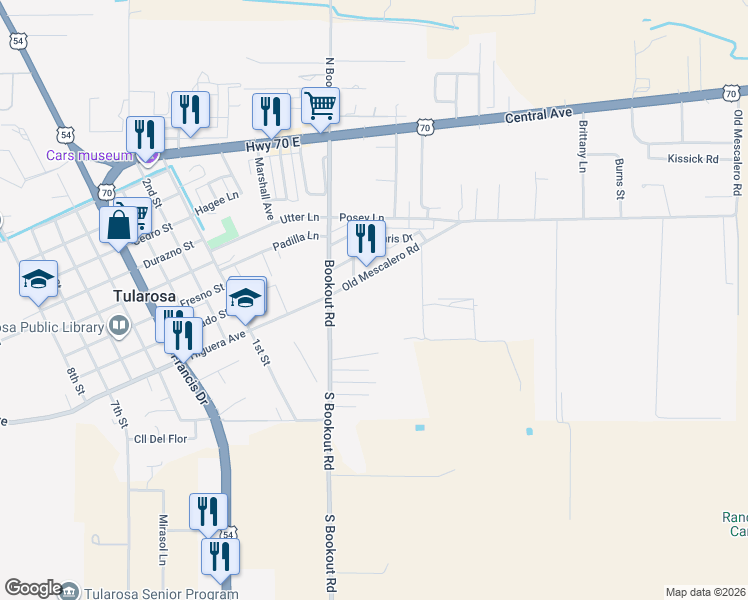 map of restaurants, bars, coffee shops, grocery stores, and more near 608 Old Mescalero Rd in Tularosa