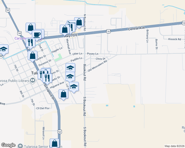 map of restaurants, bars, coffee shops, grocery stores, and more near 608 Old Mescalero Rd in Tularosa