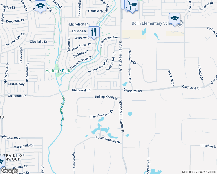 map of restaurants, bars, coffee shops, grocery stores, and more near 1516 Brookhollow Drive in Allen