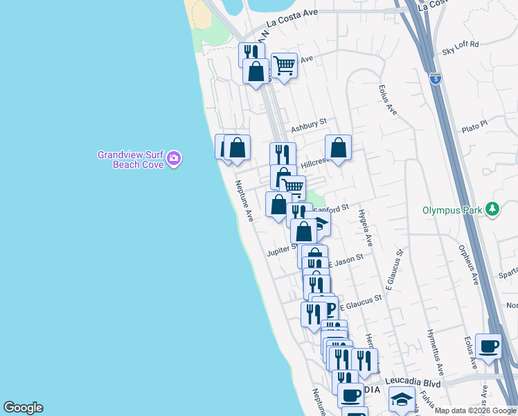 map of restaurants, bars, coffee shops, grocery stores, and more near 1515 Neptune Avenue in Encinitas