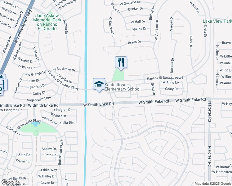 map of restaurants, bars, coffee shops, grocery stores, and more near 42695 Colby Drive in Maricopa
