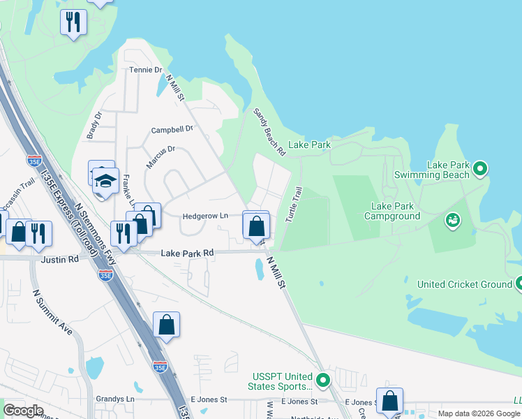 map of restaurants, bars, coffee shops, grocery stores, and more near 1905 Lakeview Circle in Lewisville