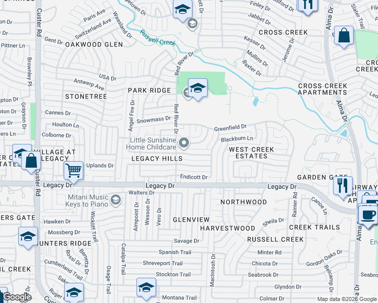 map of restaurants, bars, coffee shops, grocery stores, and more near 1609 Simsbury Drive in Plano