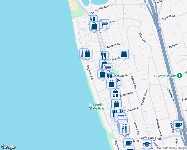 map of restaurants, bars, coffee shops, grocery stores, and more near 1521 Neptune Avenue in Encinitas