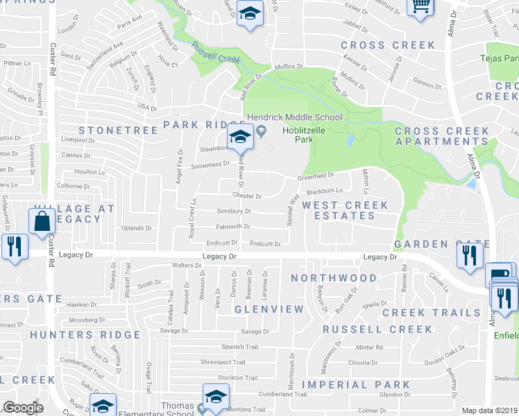 map of restaurants, bars, coffee shops, grocery stores, and more near 1620 Simsbury Drive in Plano