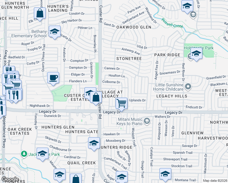 map of restaurants, bars, coffee shops, grocery stores, and more near 7124 Dry Creek Drive in Plano