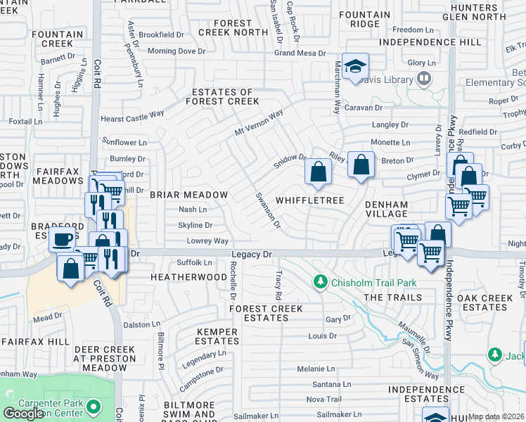 map of restaurants, bars, coffee shops, grocery stores, and more near 3609 Dumond Place in Plano