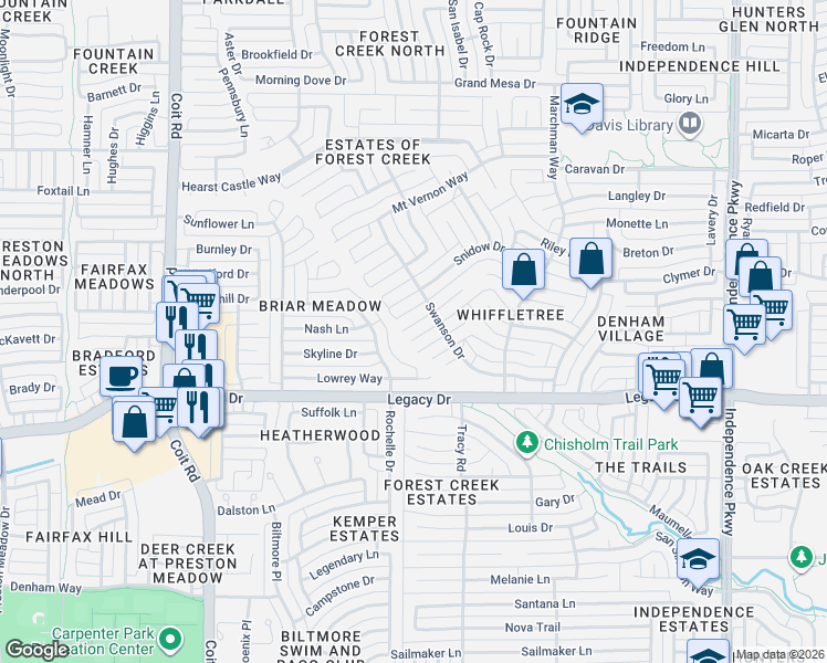 map of restaurants, bars, coffee shops, grocery stores, and more near 3609 Dumond Place in Plano