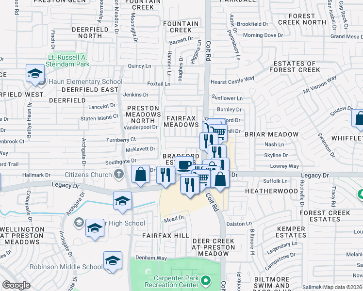 map of restaurants, bars, coffee shops, grocery stores, and more near 4100 Camrose Drive in Plano