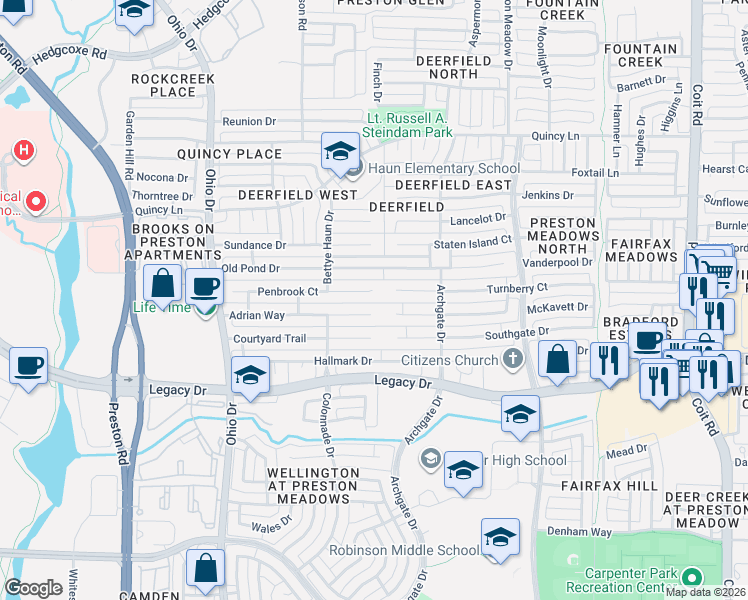 map of restaurants, bars, coffee shops, grocery stores, and more near 4591 Adrian Way in Plano