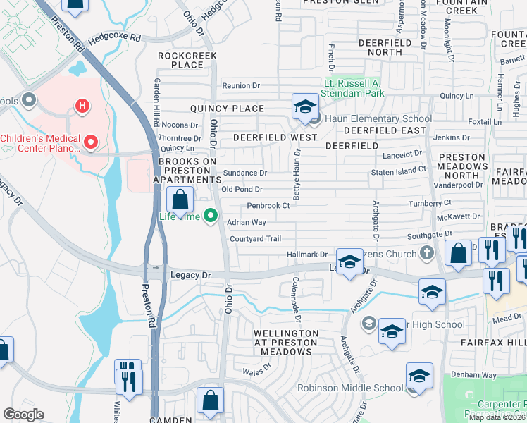 map of restaurants, bars, coffee shops, grocery stores, and more near 4641 Adrian Way in Plano