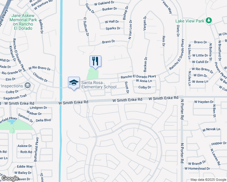 map of restaurants, bars, coffee shops, grocery stores, and more near 42431 West Colby Drive in Maricopa