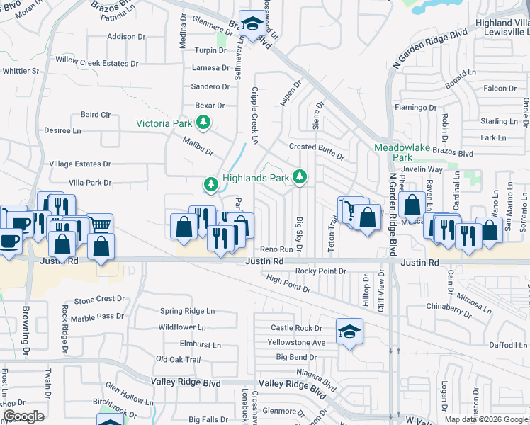 map of restaurants, bars, coffee shops, grocery stores, and more near 1921 Aspen Drive in Lewisville