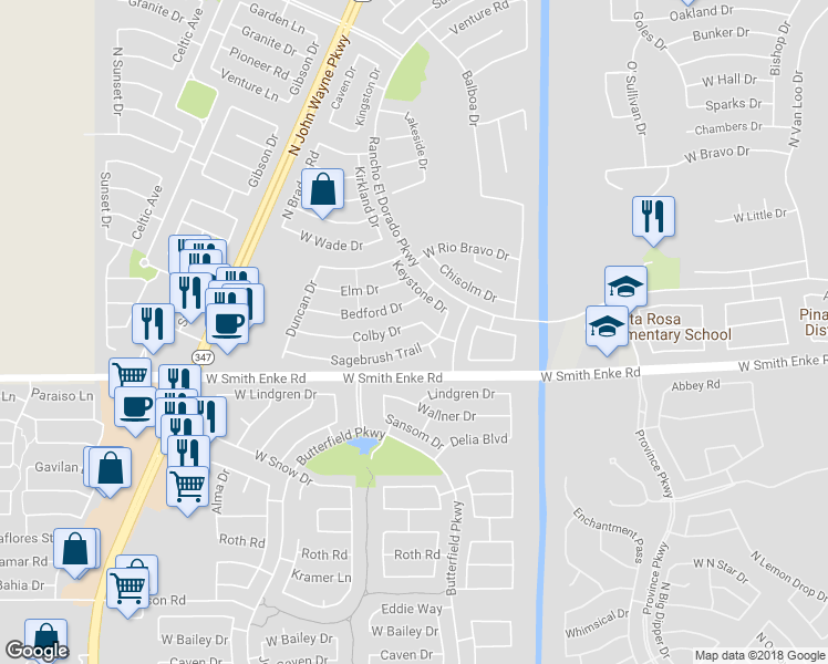 map of restaurants, bars, coffee shops, grocery stores, and more near 43535 Colby Drive in Maricopa