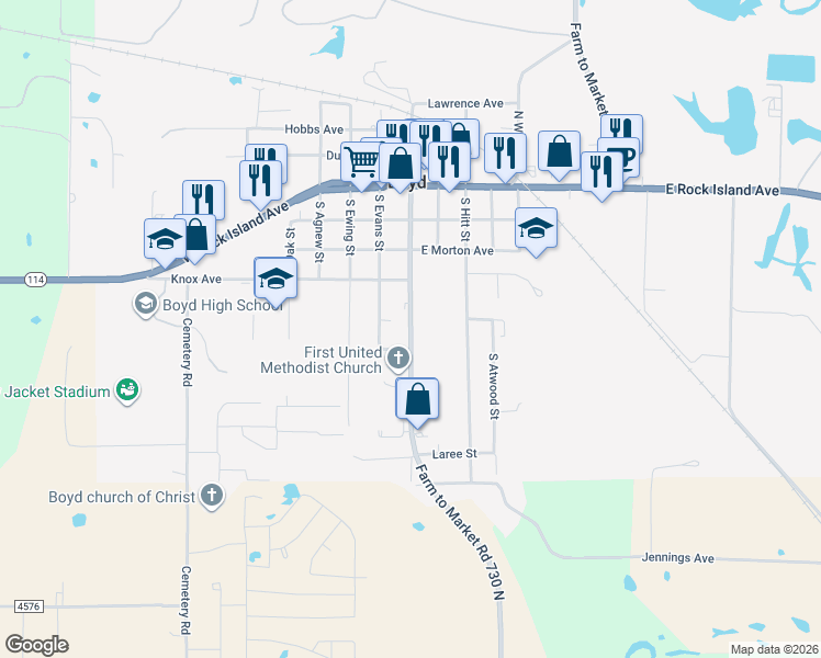 map of restaurants, bars, coffee shops, grocery stores, and more near 440 South Allen Street in Boyd