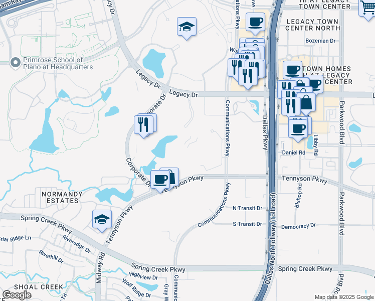 map of restaurants, bars, coffee shops, grocery stores, and more near 6300 Legacy Drive in Plano