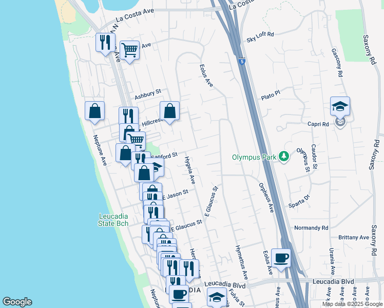map of restaurants, bars, coffee shops, grocery stores, and more near 303 Sanford Street in Encinitas