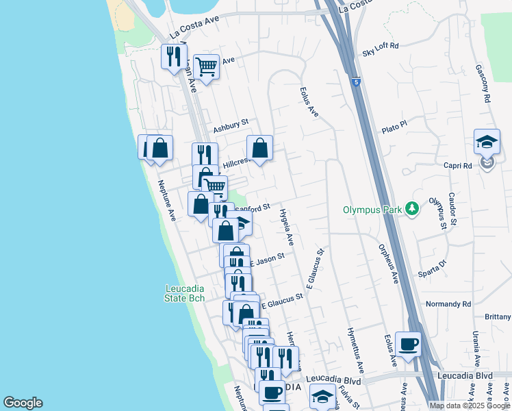 map of restaurants, bars, coffee shops, grocery stores, and more near 208 Sanford Street in Encinitas