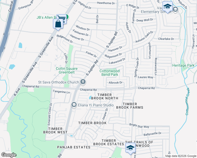 map of restaurants, bars, coffee shops, grocery stores, and more near 1500 South Jupiter Road in Allen