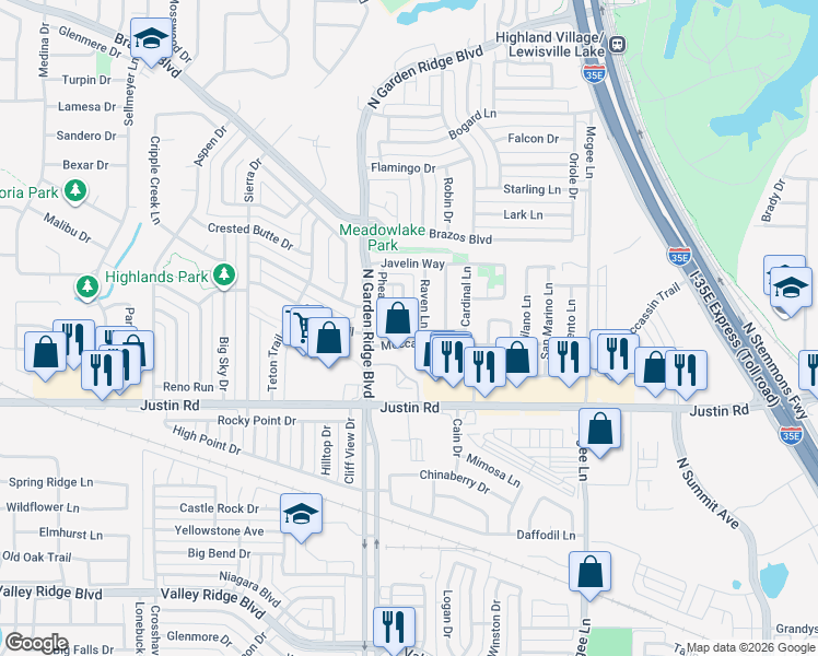 map of restaurants, bars, coffee shops, grocery stores, and more near 1434 Drake Lane in Lewisville