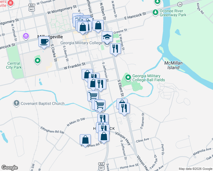 map of restaurants, bars, coffee shops, grocery stores, and more near 620-640 South Jefferson Street in Milledgeville