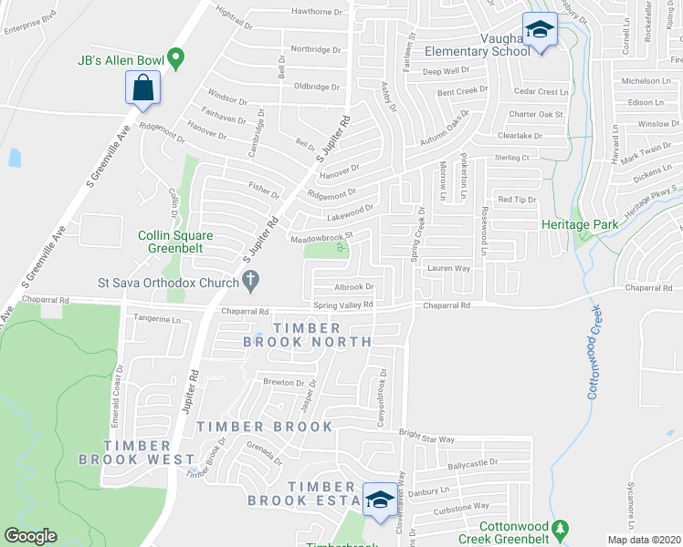 map of restaurants, bars, coffee shops, grocery stores, and more near 636 Mountainside Drive in Allen