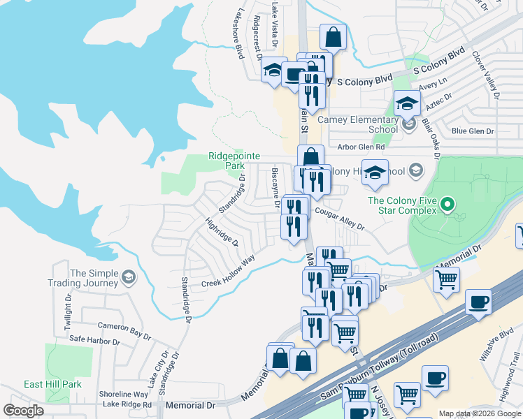 map of restaurants, bars, coffee shops, grocery stores, and more near 4541 Ridgepointe Drive in The Colony