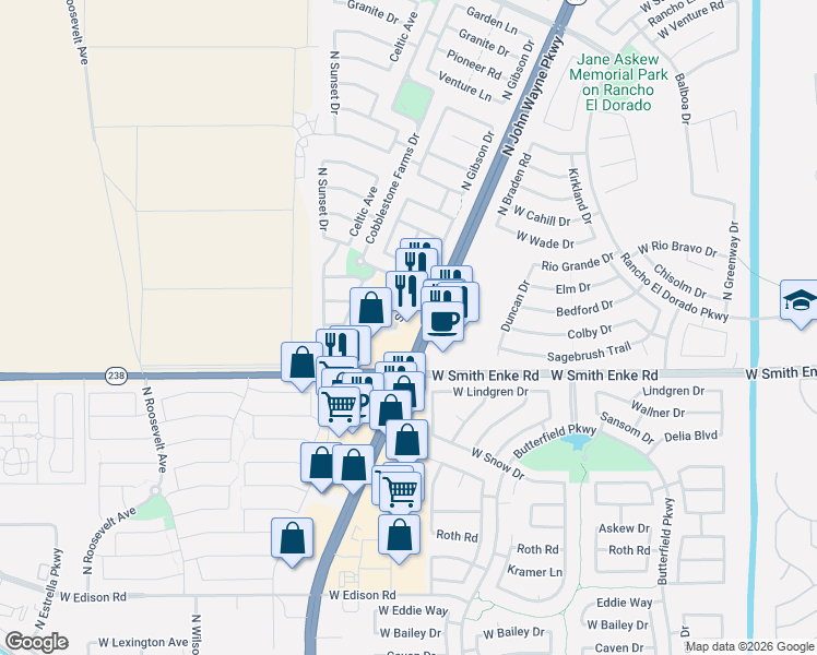 map of restaurants, bars, coffee shops, grocery stores, and more near 21470 North John Wayne Parkway in Maricopa
