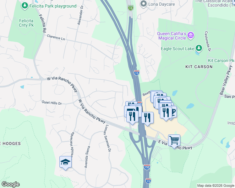 map of restaurants, bars, coffee shops, grocery stores, and more near 3262 Camino Marzagan in Escondido