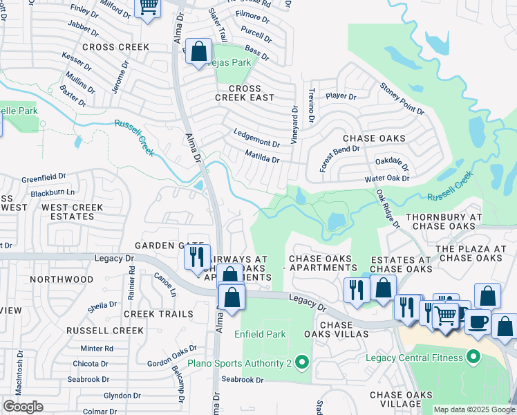 map of restaurants, bars, coffee shops, grocery stores, and more near 825 Old Alma Road in Plano