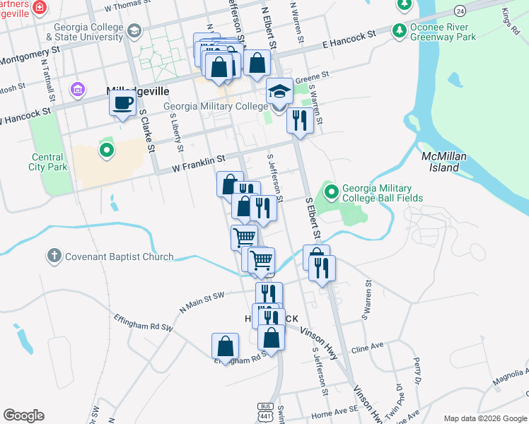 map of restaurants, bars, coffee shops, grocery stores, and more near 630 South Wayne Street in Milledgeville