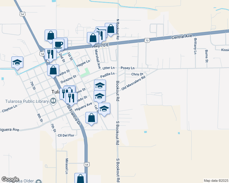 map of restaurants, bars, coffee shops, grocery stores, and more near 402 Old Mescalero Road in Tularosa