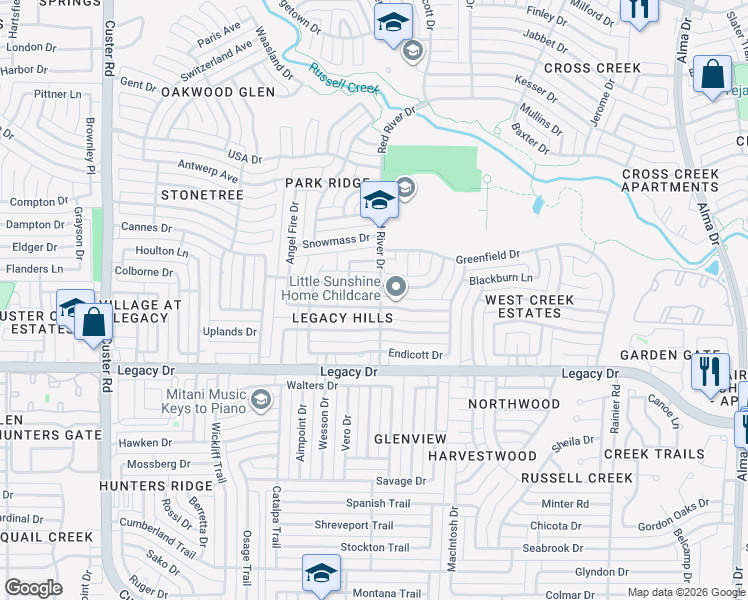 map of restaurants, bars, coffee shops, grocery stores, and more near 1712 Simsbury Drive in Plano