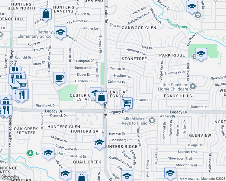 map of restaurants, bars, coffee shops, grocery stores, and more near 7125 Occidental Road in Plano