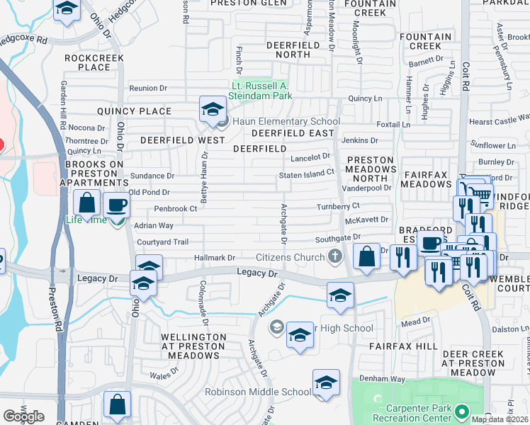 map of restaurants, bars, coffee shops, grocery stores, and more near 4569 Hitching Post Lane in Plano