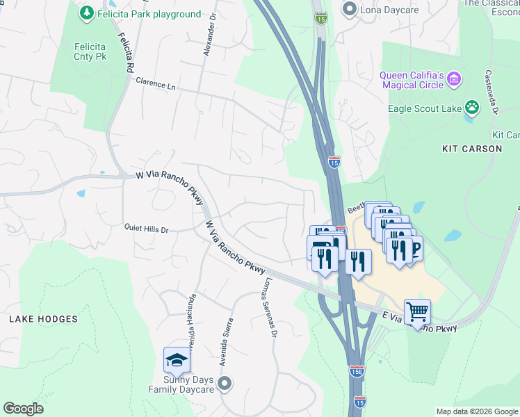 map of restaurants, bars, coffee shops, grocery stores, and more near 241 Camino Del Postigo in Escondido