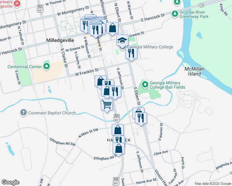 map of restaurants, bars, coffee shops, grocery stores, and more near 111 East Screven Street in Milledgeville