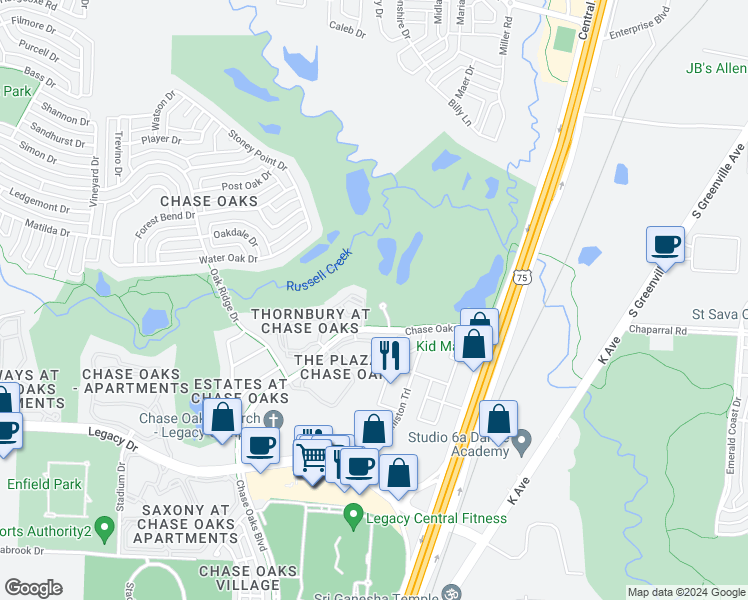 map of restaurants, bars, coffee shops, grocery stores, and more near 7201 Chase Oaks Boulevard in Plano