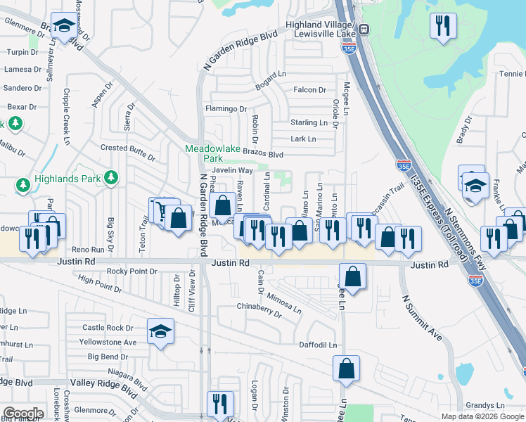 map of restaurants, bars, coffee shops, grocery stores, and more near 1414 Drake Lane in Lewisville