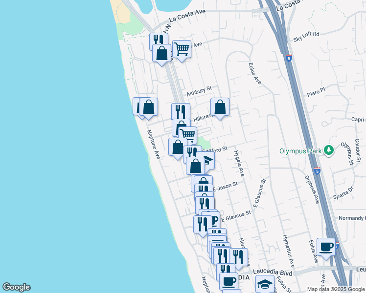 map of restaurants, bars, coffee shops, grocery stores, and more near 1500 North Coast Highway 101 in Encinitas