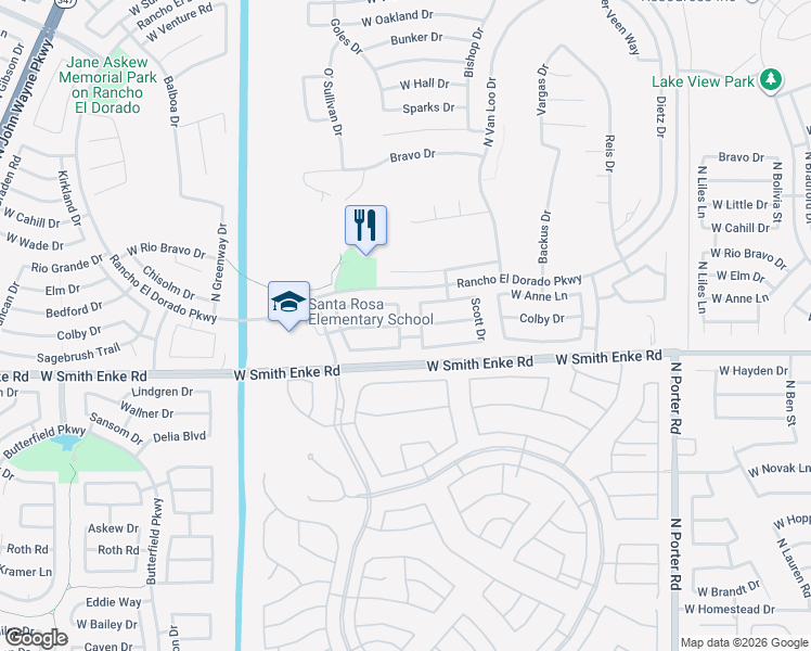 map of restaurants, bars, coffee shops, grocery stores, and more near 42550 West Michaels Drive in Maricopa