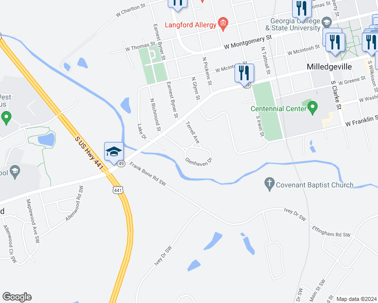 map of restaurants, bars, coffee shops, grocery stores, and more near 365 Glenhaven Drive in Milledgeville